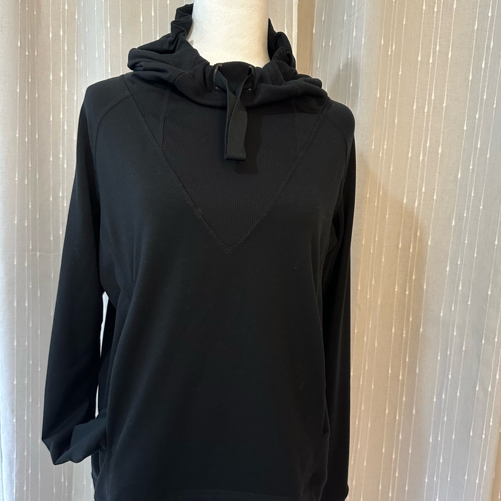 Indygena, long Black Hoodie with elastic hood cinch.